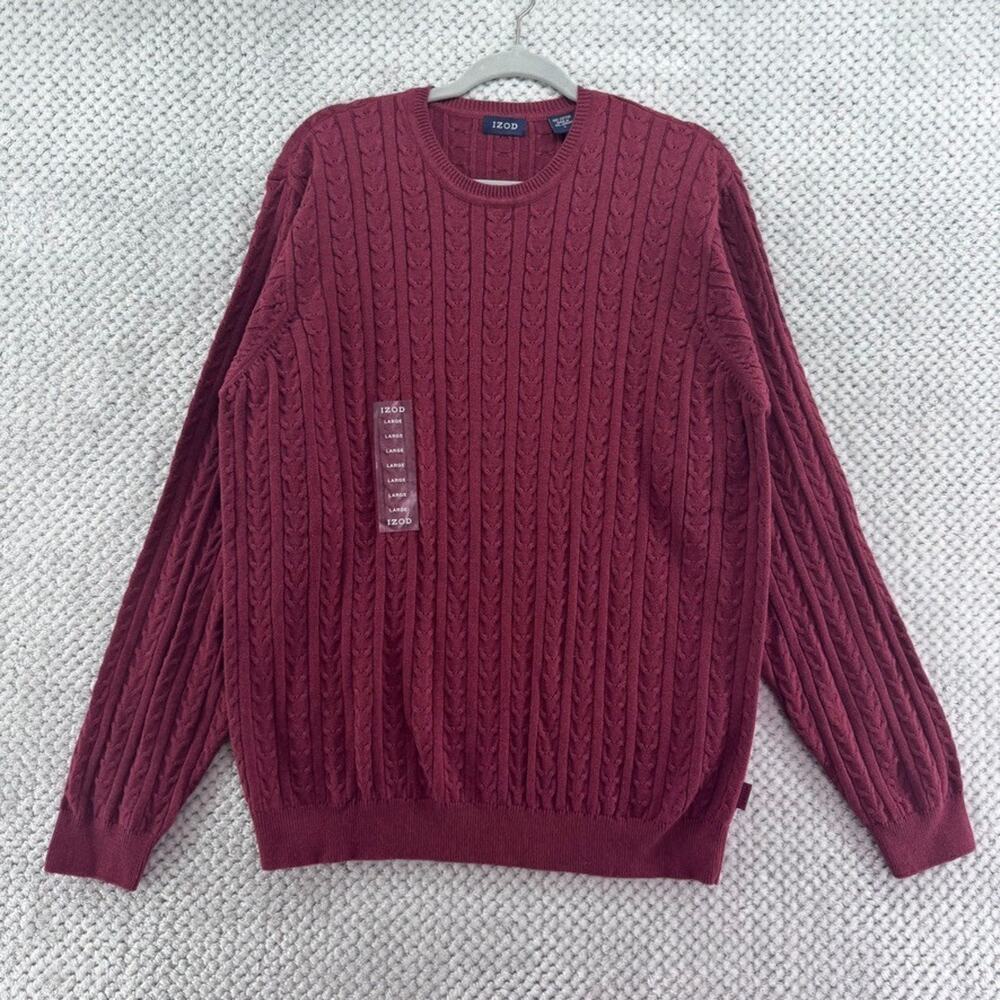 IZOD Sweater Mens L Burgundy Red Cotton Cable Knit Crew Neck Preppy Casual